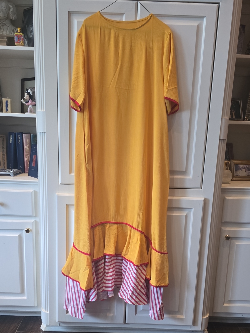 Yellow High-Low Ruffle Dress with Red-White Stripe Trim